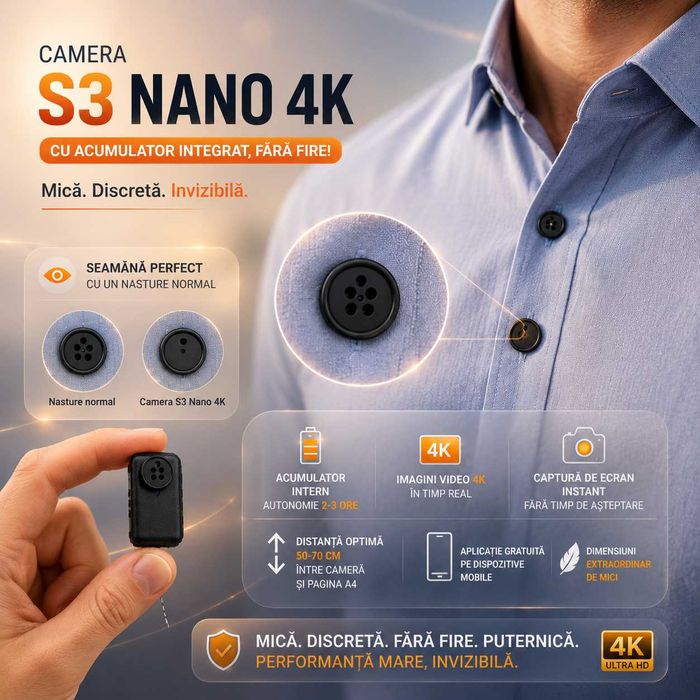 Casca de copiat - Casti de copiat iCheat S3 Nano 4K Fara Fire, Mini Camera in Nasture, Discreta 4K UHD Nou 2026