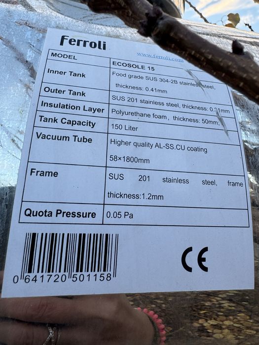 Boiler solar FERROLI Ecosole 15, 150 litri, inox, stare bună
