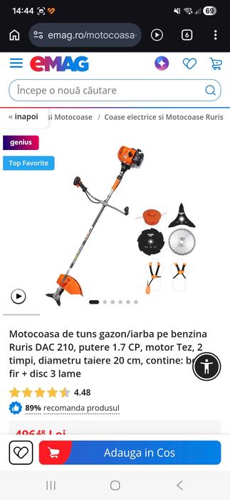 Motocoasa de tuns gazon/iarba pe benzina Ruris DAC 210, putere 1.7 CP, motor Tez, 2 timpi
