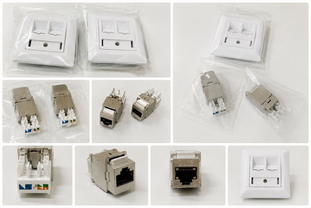 комплект LAN / Ethernet мрежови компоненти:   2 бр. двойни RJ45 стенни модула / розетки и 4 бр. RJ45 Keystone конектори (tool-less)