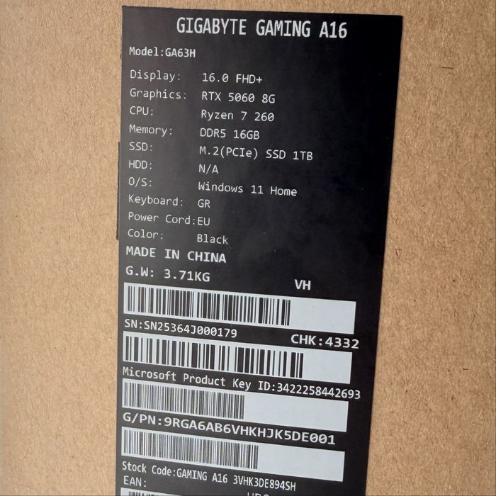 Gigabyte A16/WUXGA 165Hz/Ryzen 7 260/RTX 5060 8GB/16GB 5600Mhz/1TB/RGB