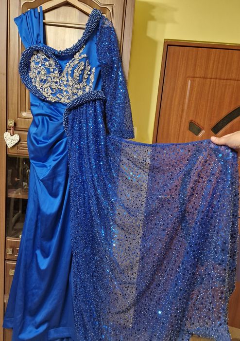 Rochie albastra ocazie, nunta, botez cu trena