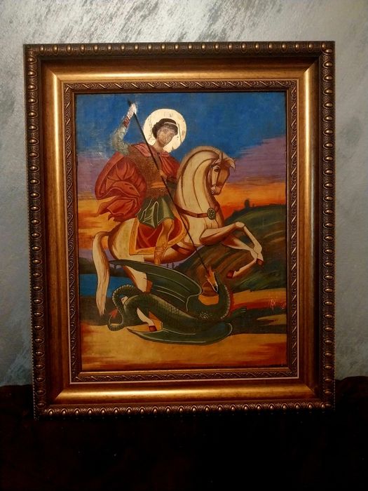 Icoană „Sfântul Gheorghe ucigând balaurul” – pictură pe panou de lemn, 50 × 60 cm