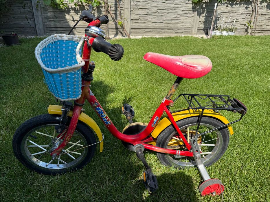 Bicicletă copii Bibi roți 14", cu roți ajutătoare și coșuleț