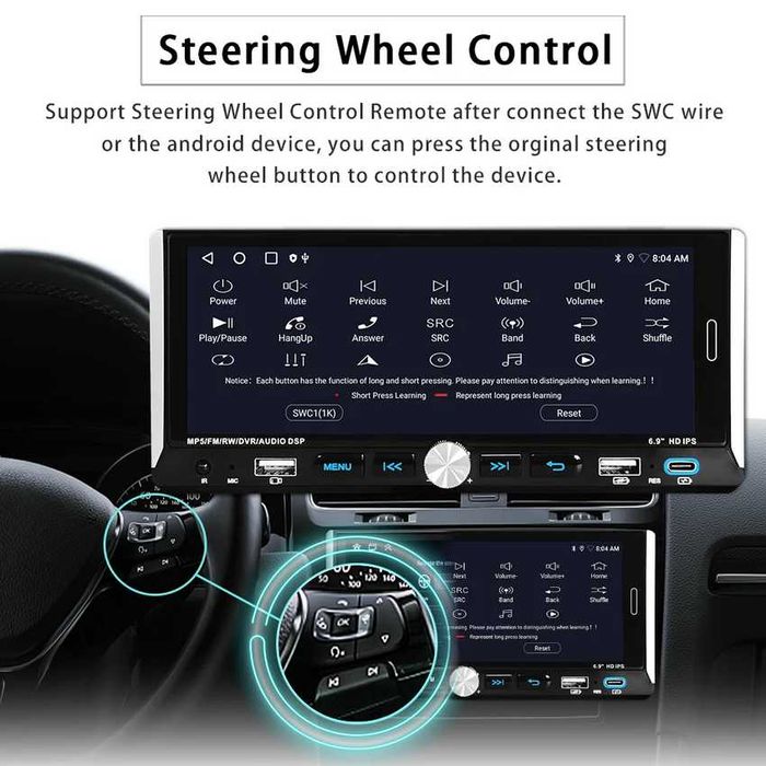 6.86” 1280*480 1-Din мултимедия с Android 15, RDS, RAM 4GB, 32GB ROM