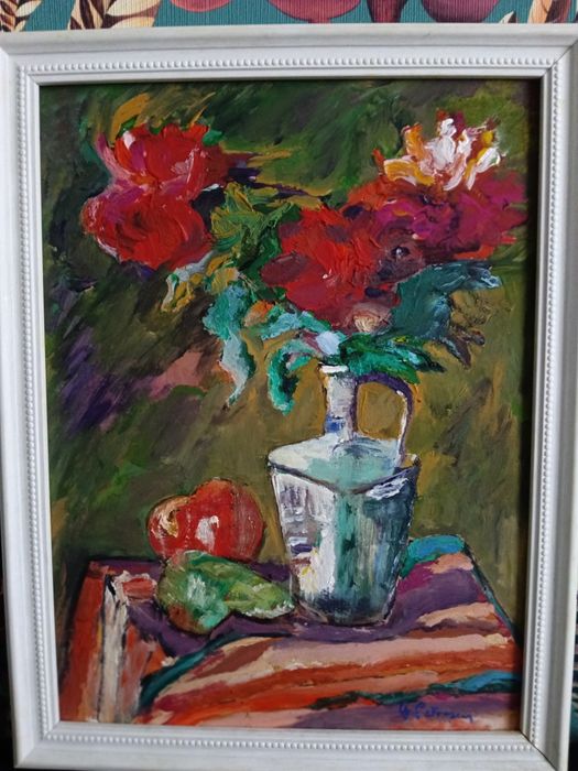 Tablou vechi românesc, G. Petrascu_Natura statica cu crizanteme si fru