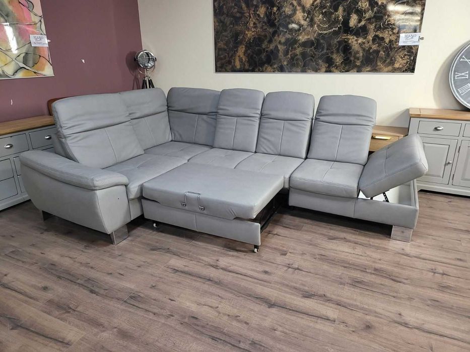 Сив ъглов диван от плат с функция сън и ракла Rhone