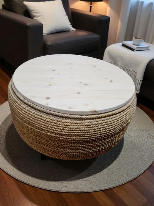 Masă de cafea stil boho / rustic – realizată manual, cu frânghie și bl