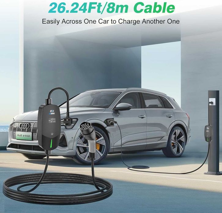 EVDANCE EV зарядно тип 2, 8 метра, 6/8/10/13A, регулируем ток, IP66