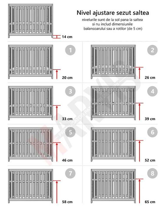 Pătuț copii lemn masiv fag (8 trepte) + Saltea fibră cocos 120x60 cm