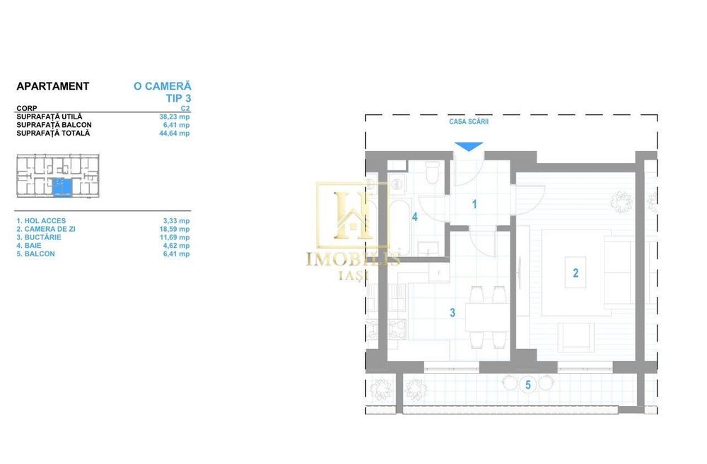 INTABULAT Apartament 1 camera Dec 44 mp Bucium 79000 euro