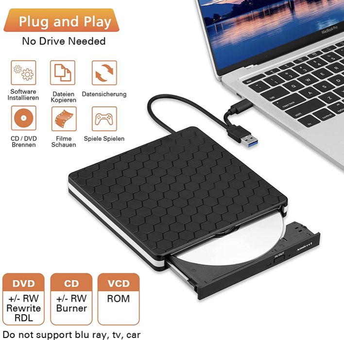 External DVD Drive, Amicool USB 3.0 Type-C CD DVD +/-RW Optical Drive