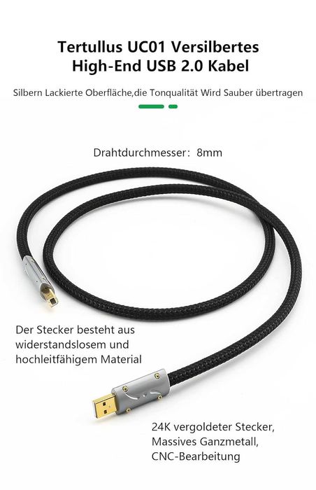 Viborg HiFi USB кабел 0,6 м USB 2.0 тип A до B кабел Посребрен OFC