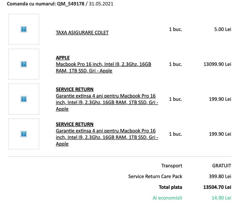 Macbook Pro 16'' i9 - 8 core an 2021, 1 TB SSD, 16 GB DDR4