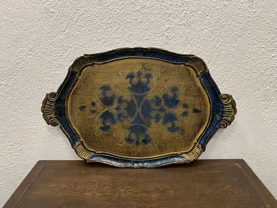 Винтидж поднос Италия 1950 1970 Florentine синьо злато