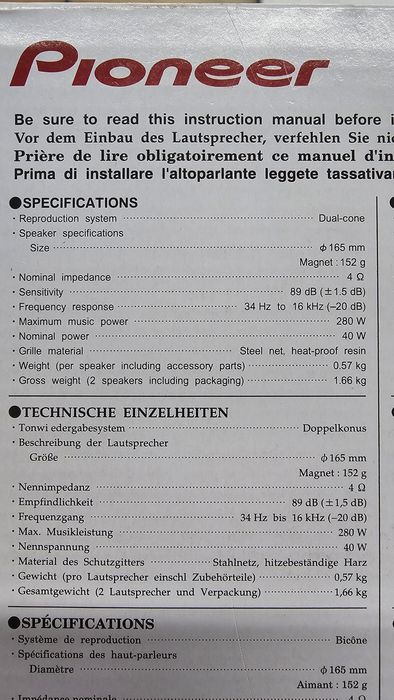 Difuzoare PIONEER 16,5cm 6,5 inci 10cm 4 inci