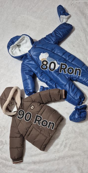 Combinezon albastru imblanit și geaca maro noi cu eticheta marimea 74