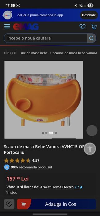 Scaun de masa Bebe Vanora VVHC15-ORG, Portocaliu