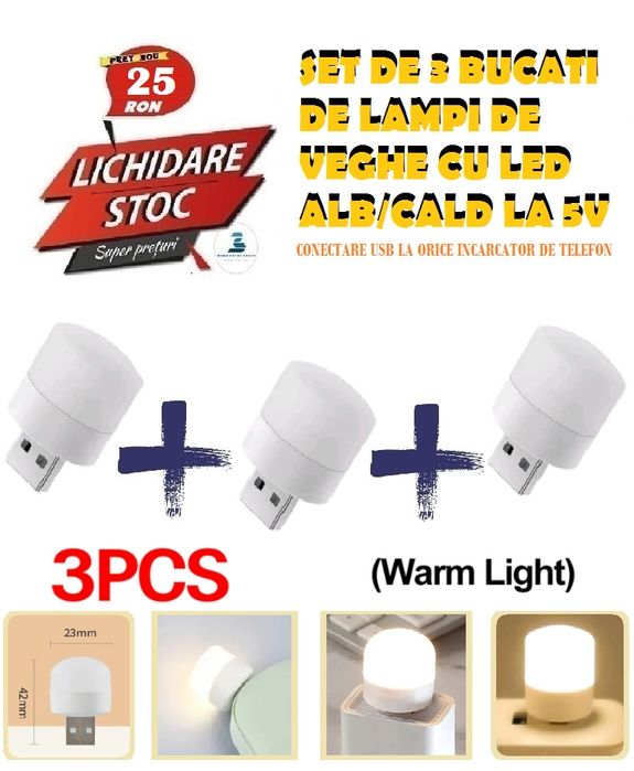 Set de 3 x Lampa de Veghe USB cu Led Alb/Cald la 5V/4W- Germania