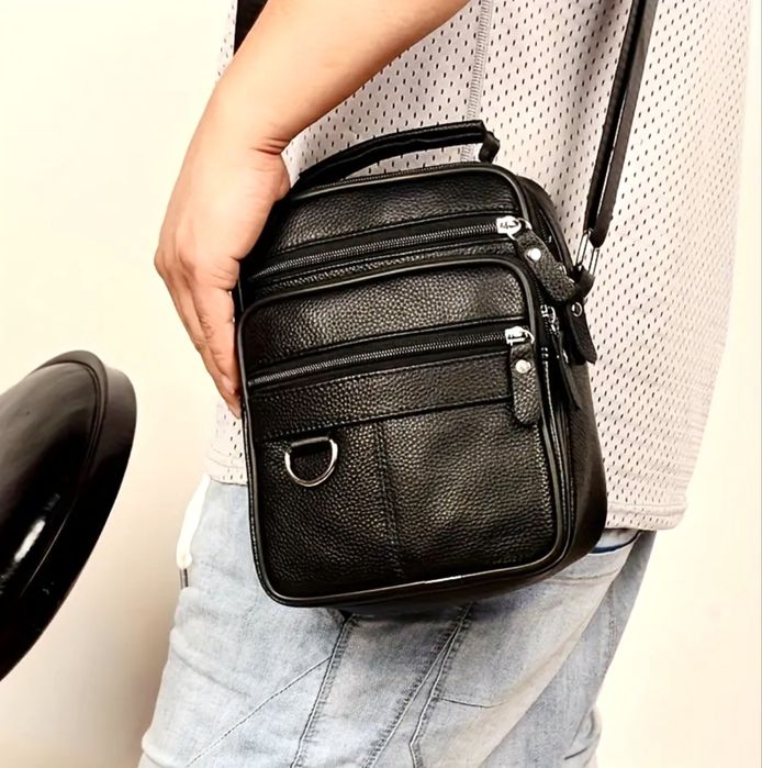 Мъжка функционална чанта с дръжка /Черна естествена кожа -10% Промоция