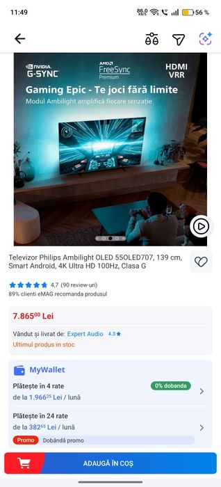 Televizor Philips Ambilight OLED 55OLED707, 139 cm, Smart Android, 4K