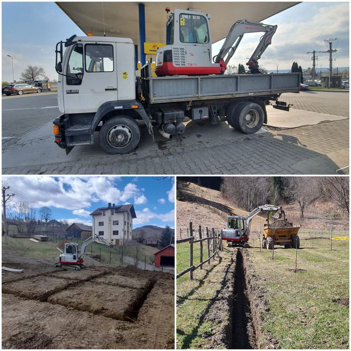 Inchiriez miniexcavator buldozer  buldo-excavator platforma cabana terasament placa beton fundatie