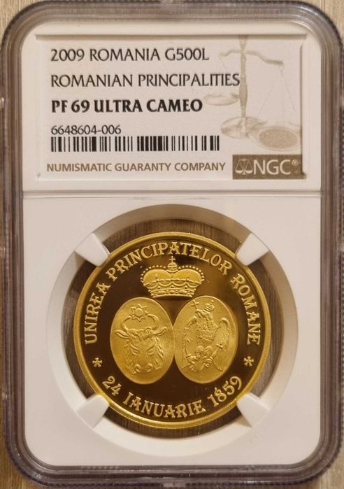 Moneda aur BNR 500 lei, Unirea Principatelor, gradata NGC PF 69