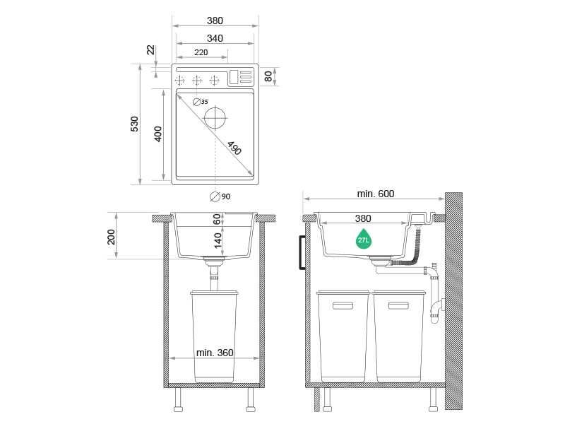 Кухненска Мивка от гранит модел Осло 40 Премиум 380 x 530 мм - Бяла