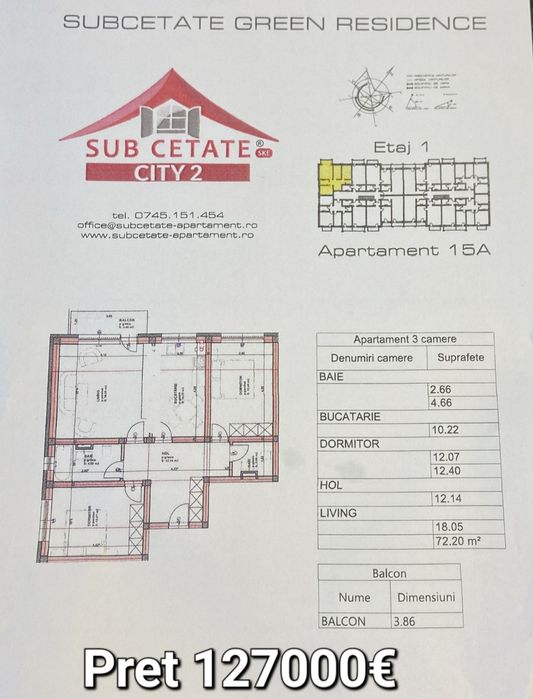 Vand apartament 3 camere Subcetate