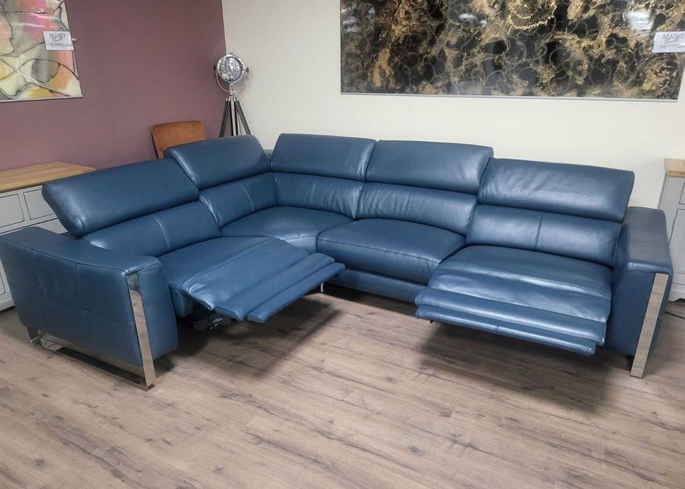 Тюркоазено син кожен ъглов диван Torres с ел. релакс механизъм