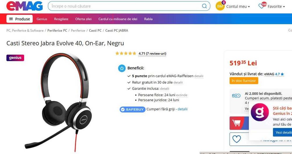 Casti PC Bluetooth microfon JabraGN Evolve40 65 NOU SIGILAT Platronics