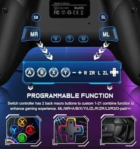 Нов Безжичен Контролер за Switch RGB Светлини Turbo и Вибрация за игри