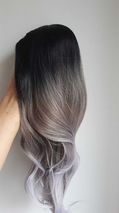 Peruca lunga ondulata Ombre negru gri pentru femei 55 cm