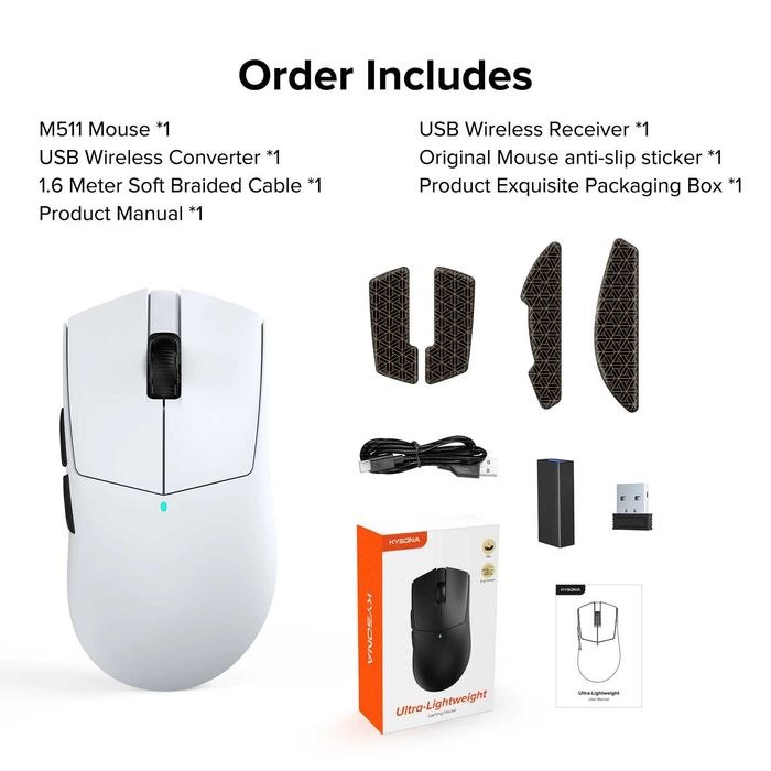 Топовая беспроводная игровая мышка Kysona m511 сенсор 3395белая\черная