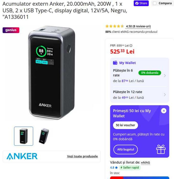 Acumulator extern Anker, 20.000mAh, 200W - cu garantie