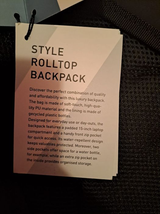 НОВА VASAD Style Rolltop раница за лаптоп 15" – черна, водоотблъскваща
