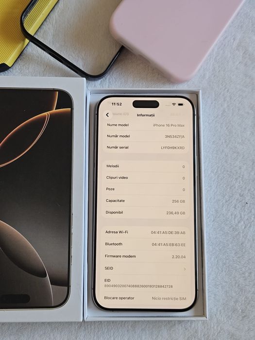 iPhone 16 PRO MAX, 94% bateria, 256 Gb, Stare foarte buna, Full Box