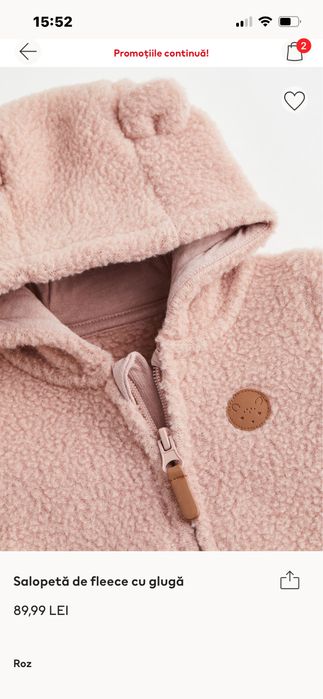 Combinezon ursulet cu gluga ,H&M ,roz, 74