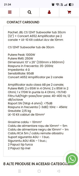 Statie și subwoofer auto JBL CS1214T