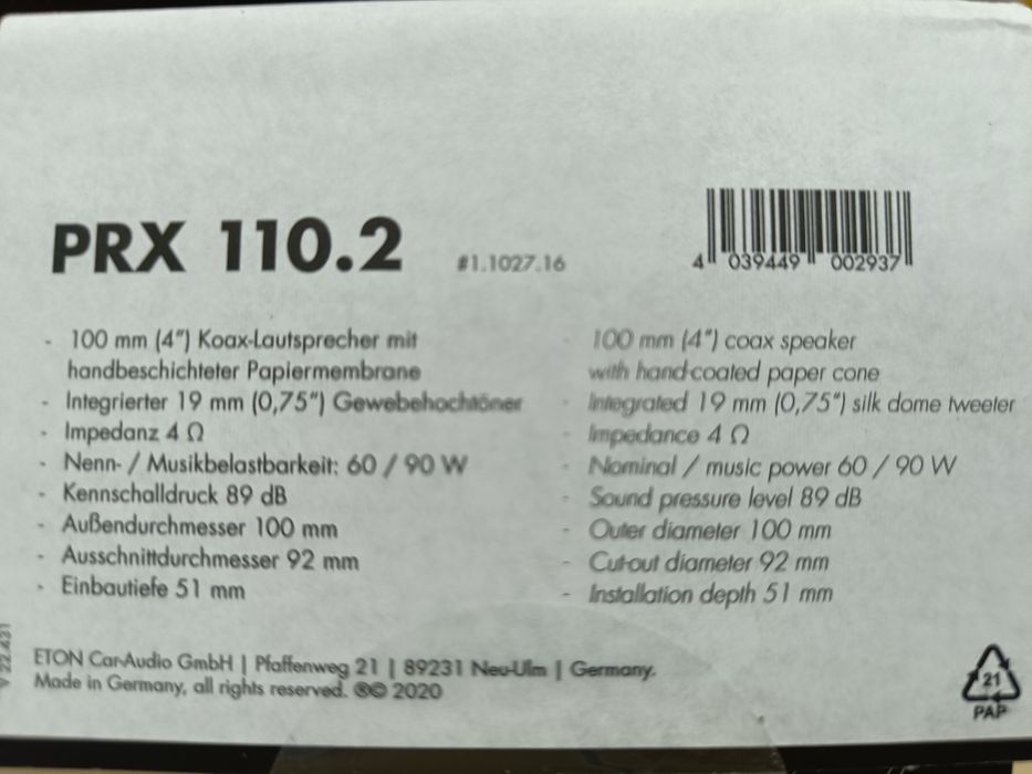 Vand difuzoare (boxe) auto 100mm Eton PRX 110.2