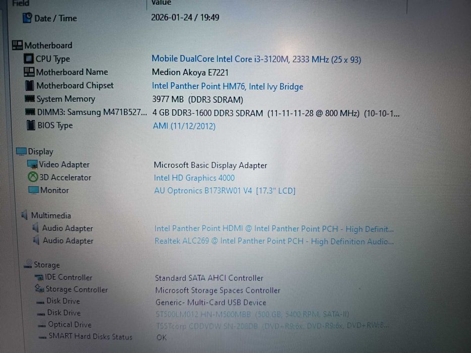 Laptop Medion Akoya Core i3 3120m, display mare de 17,3 inch, 4gb ram