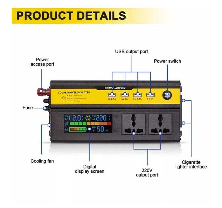 Инвертор преобразувател на напрежение с дисплей от 12V на 220V 1000W