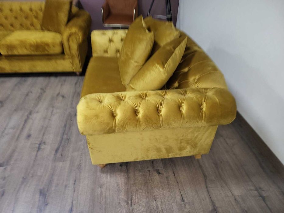 Жълт комплект дивани от плат - плюш тройка и двойка