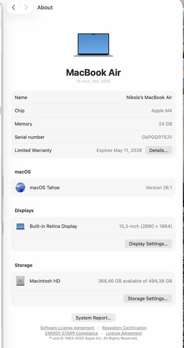 MacBook Air 15’ M4 512GB 24GB RAM