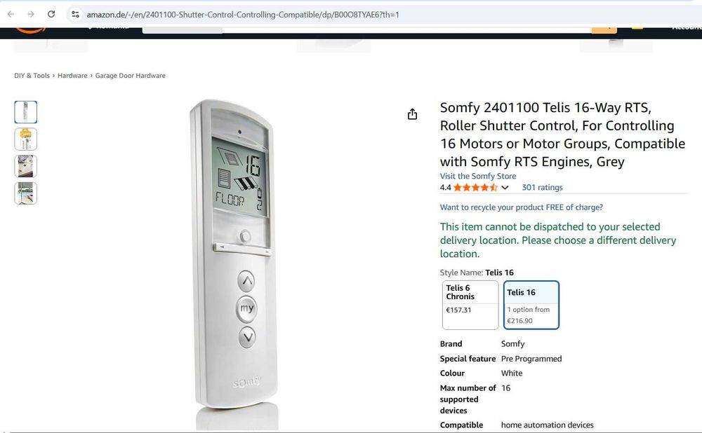 Telecomanda Somfy 2401100 Telis 16-Way RTS compatibil cu motoarele RTS