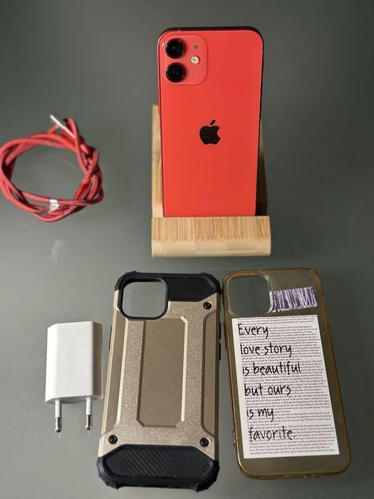 iPhone 12 Mini Red edtion cu incarcator si 2 huse + cablu 88% 64 gb