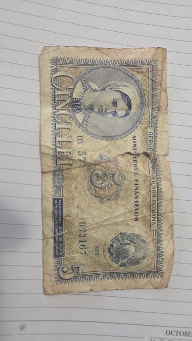Bancnotă veche 5 lei 1952 – Republica Populară Română (R.P.R.), de colecție