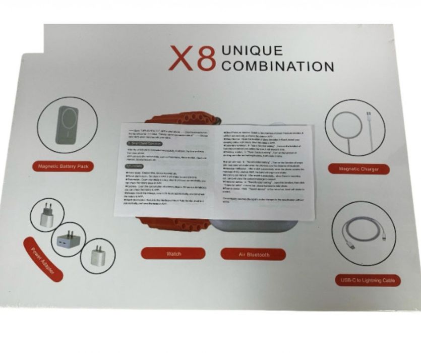 Комплект 8 в 1 с X8 Smartwatch,безжични слушалки,зарядно,кабели,външна