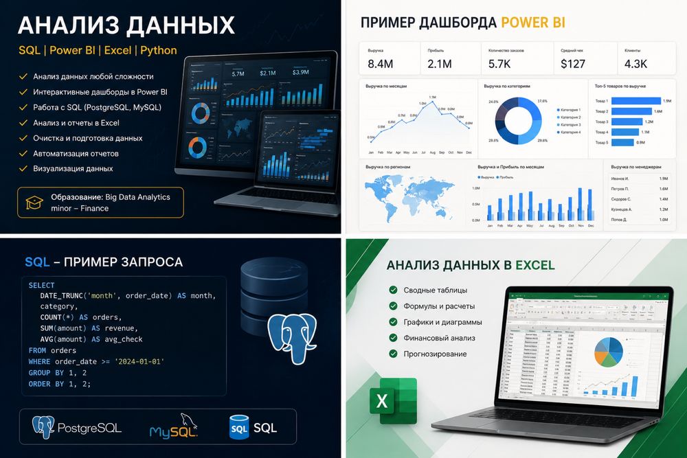 Анализ данных | SQL | Power BI | Excel | Python | Отчеты и дашборды