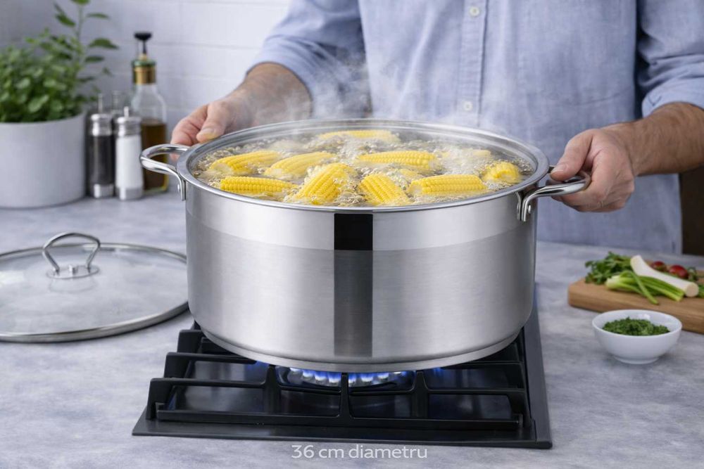 Cratita inox Royalty Line 10L cu capac din sticla 36x14 cm